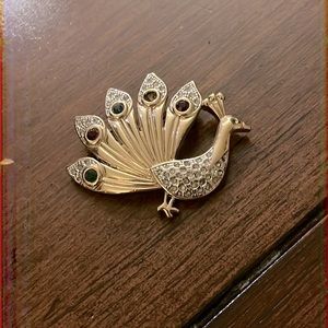 Vintage peacock crystal red green pave brooch